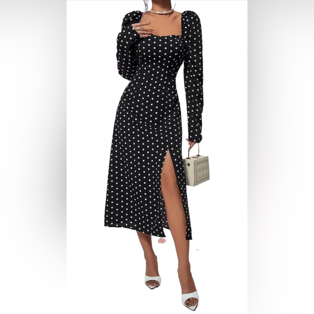 Lulus Charmed and Classy Black Polka Dot Long Sleeve Midi Dress
